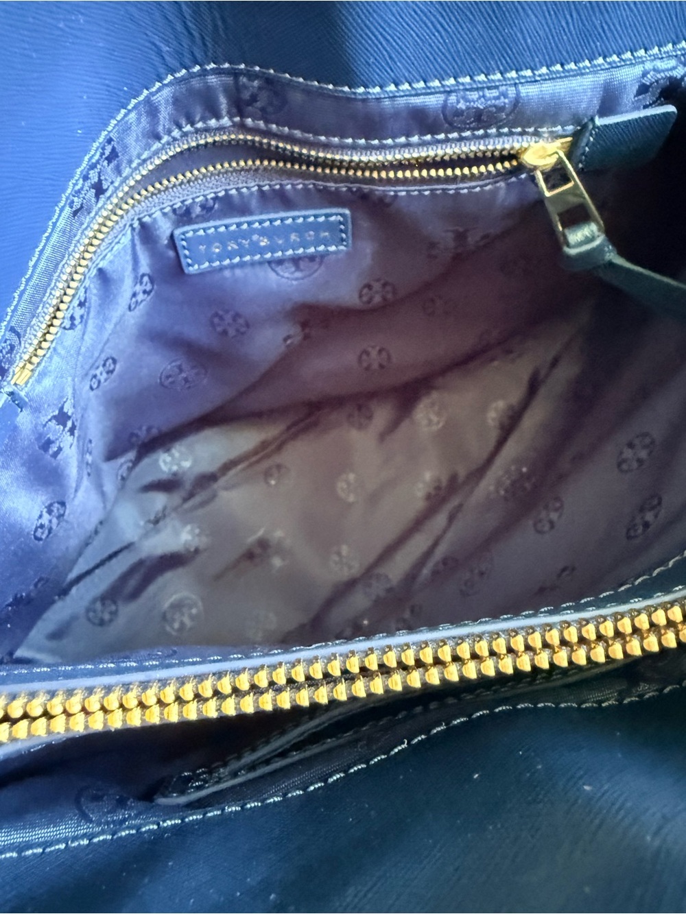 Tory Burch Navy Saffiano Leather Dome Satchel with Gold Hardware - Picture 11 of 12